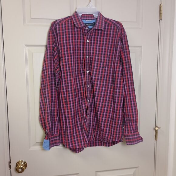 Nautica Mens Button Front Shirt Large Red Pink Plaid Long Sleeve Classic Fit - Picture 1 of 6